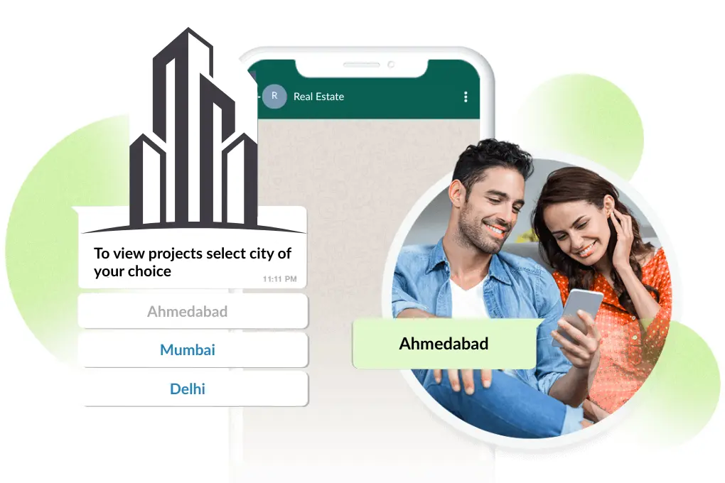 Couple exploring real estate projects on WhatsApp by selecting city options like Ahmedabad, Mumbai, and Delhi for property search