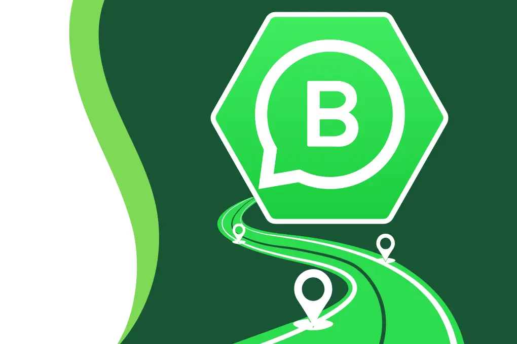 WhatsApp Business logo with roadmap illustration symbolizing growth, customer communication, and business journey through messaging
