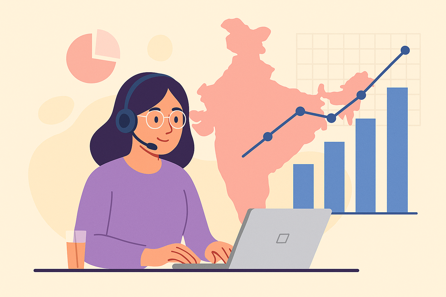 A woman in a headset analyzes data on a laptop, with a graph chart visible on the screen.