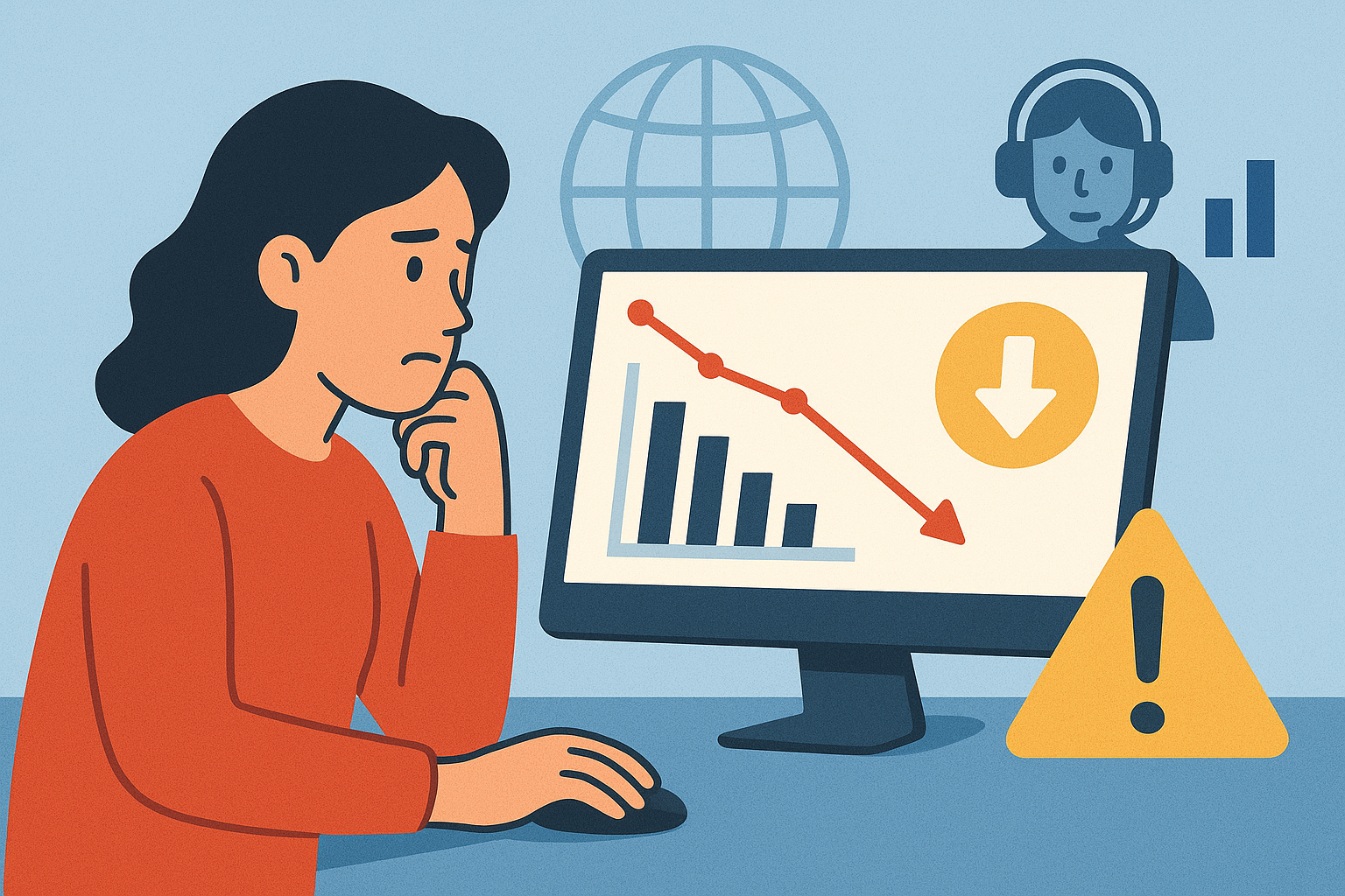 A woman seated at a desk, working on a computer with a phone beside her.