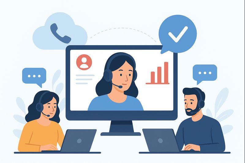 Image of a call center with agents assisting customers, highlighting best practices for hybrid telesales teams.