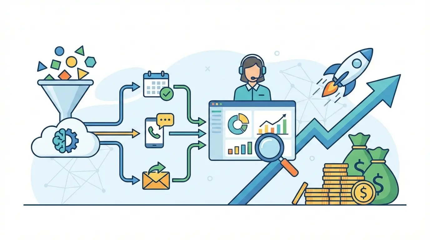 Business process diagram with a man and computer, highlighting Smarter DSA lead management strategies to boost commissions.